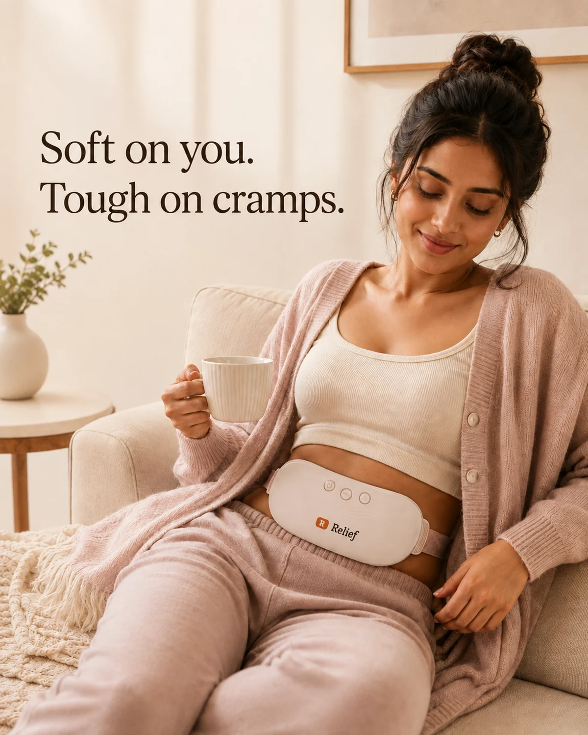 Comfort you can actually wear. A woman resting on a sofa with a cup of tea, wearing the Relief Warmth belt over her lower abdomen.