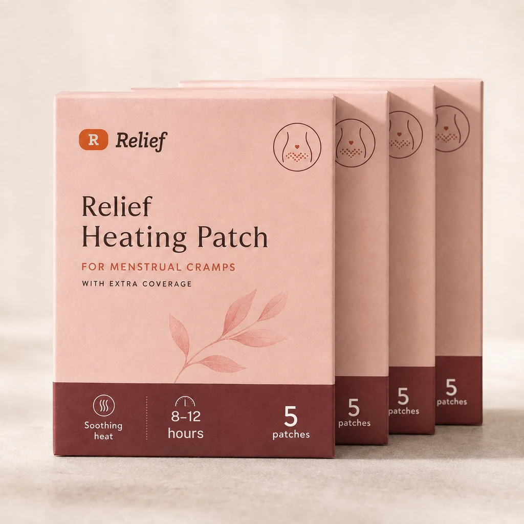 A row of Relief Heating Patch boxes, five patches per box.