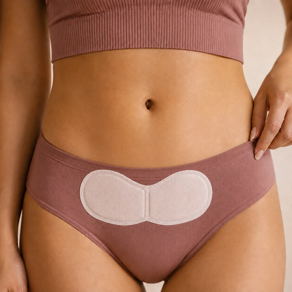 A Relief heat patch worn on the outside of the underwear, over the lower abdomen.
