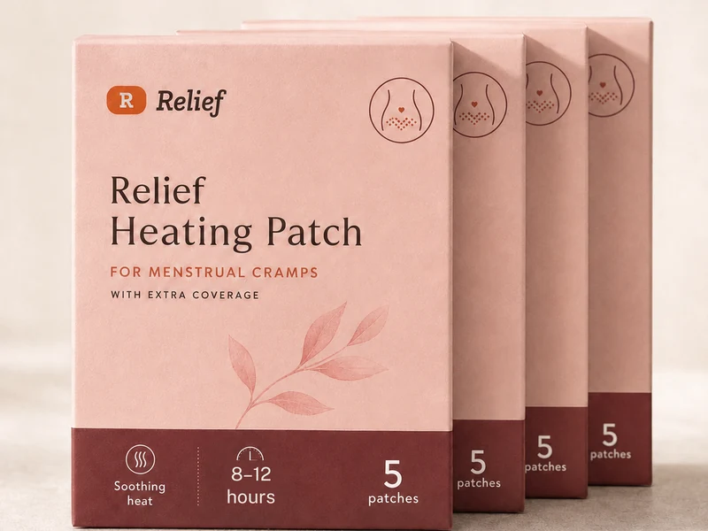 Four boxes of Relief Heating Patch for menstrual cramps, five patches per box, 8 to 12 hours of soothing heat.