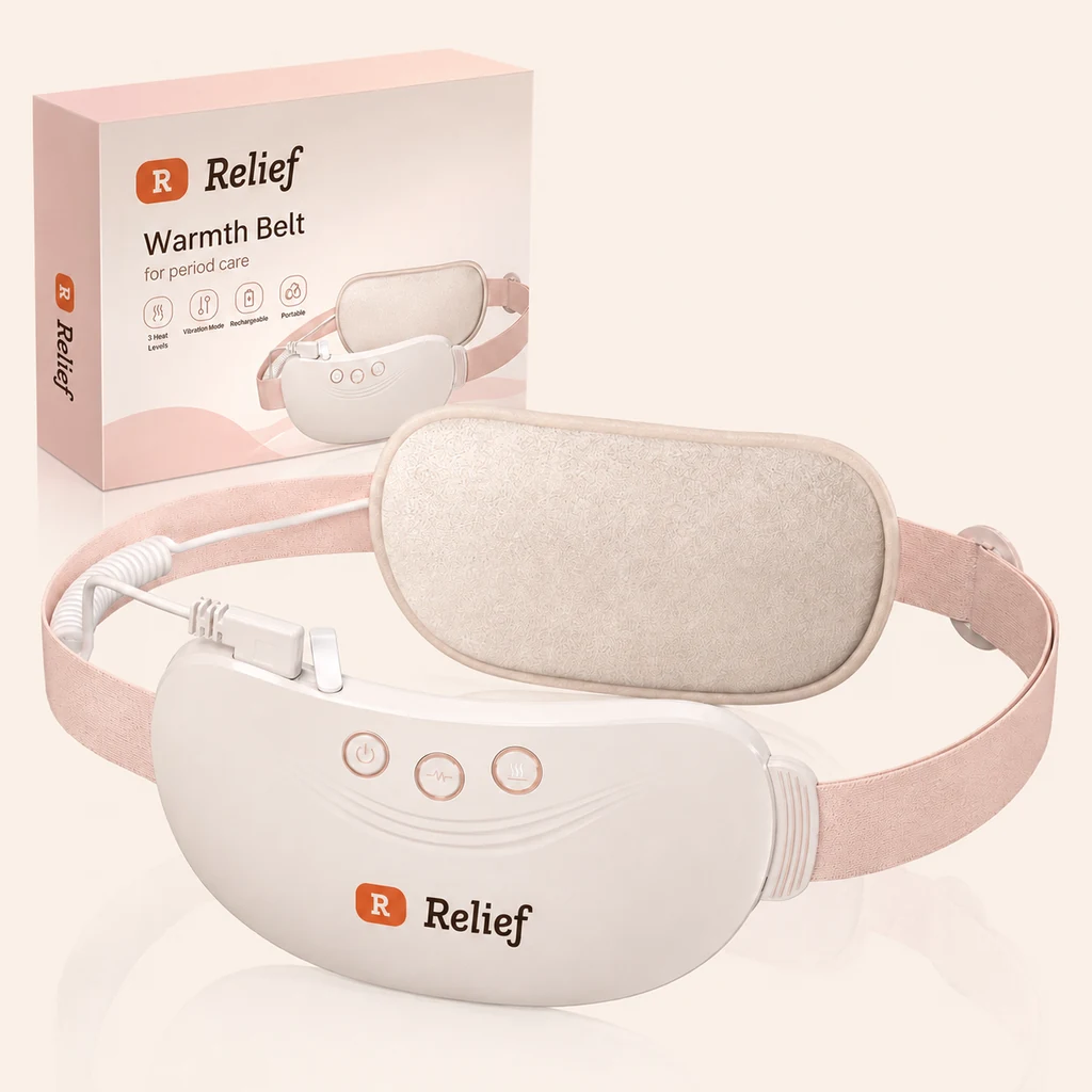 The Relief Warmth belt beside its box: a cordless warming belt with a soft pad, adjustable strap and three-button controller.
