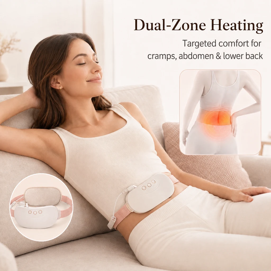 The Relief Warmth belt worn over the lower abdomen while resting.