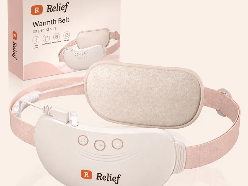 The Relief Warmth Belt beside its box: a cordless warming belt with a soft pad, adjustable strap and three-button controller.