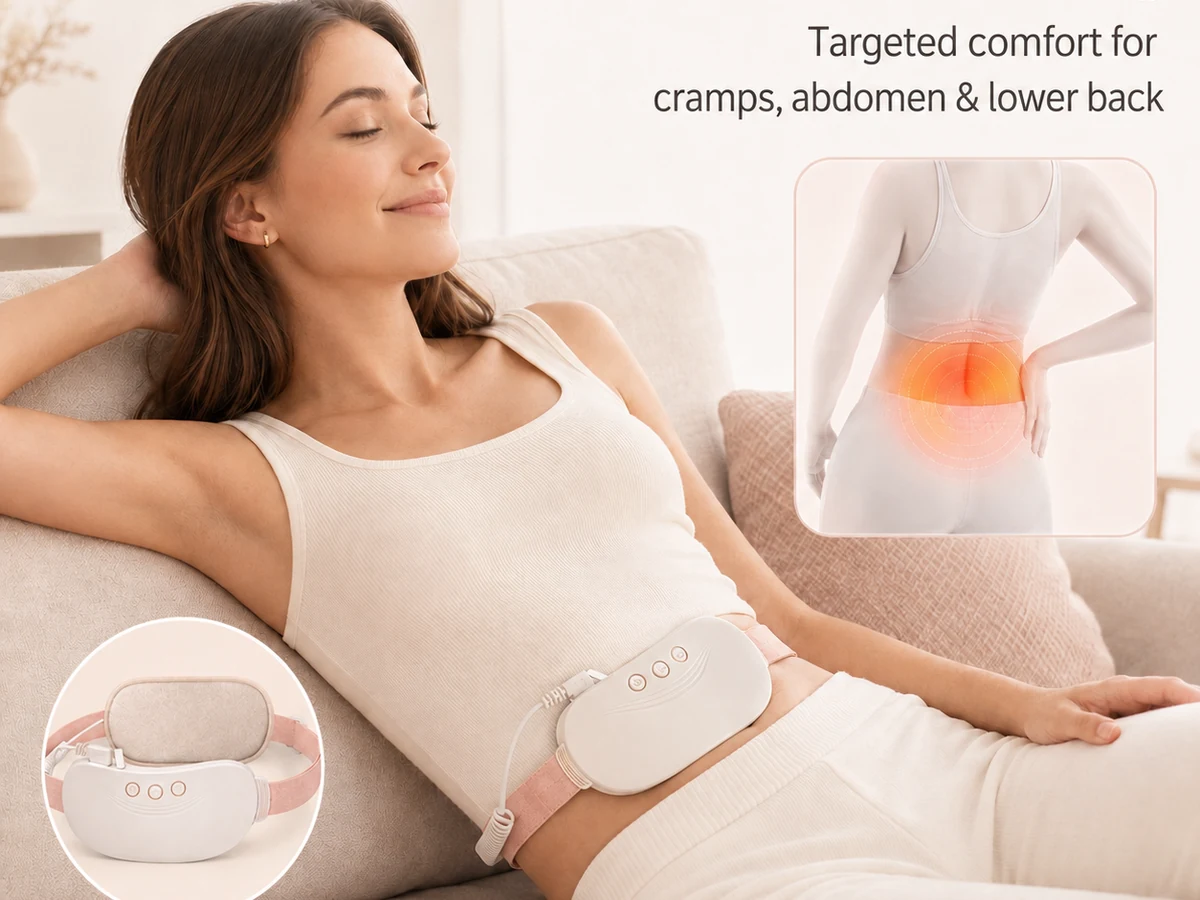 The Relief Warmth belt worn on the lower abdomen while resting, with an inset showing the same belt warming the lower back.